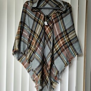 Plaid Fringe Poncho Wrap in Light Blue and Rust - Brand: